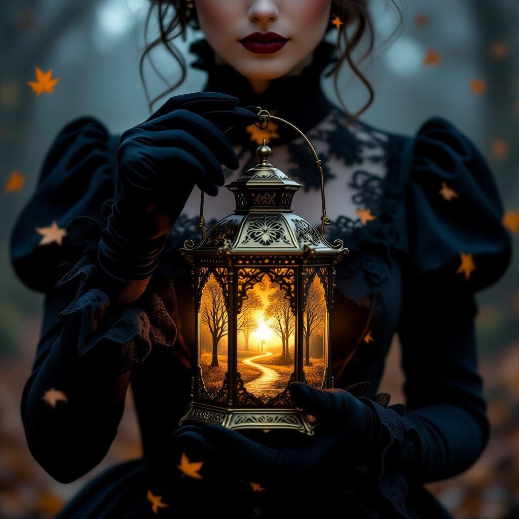 Gothic Victorian Woman Holds Enchanted Autumn Lantern