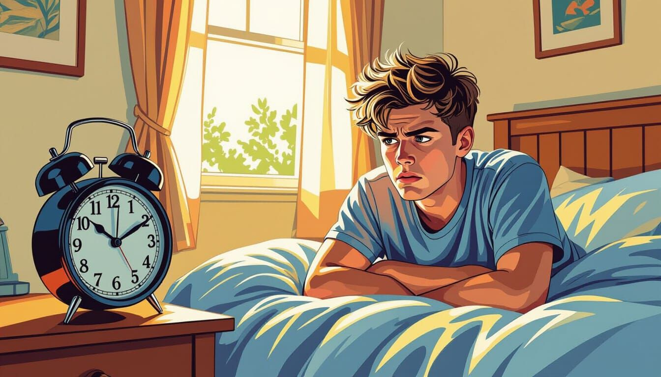 Man Hates Alarm Clock in Sunlight Bedroom