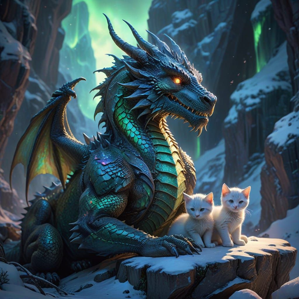 Dragon Cradling Kittens in Winter Blizzard, Jugendstil Style