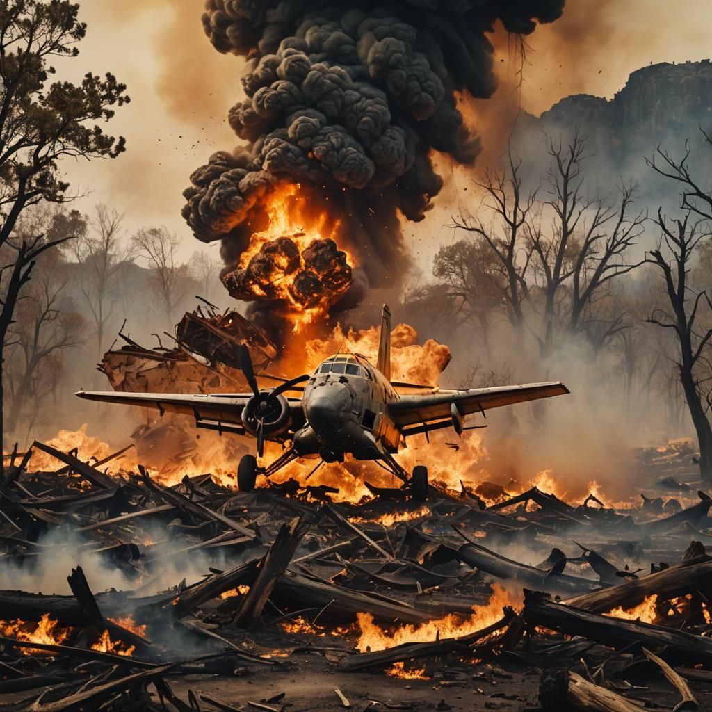 Fiery Plane Crash in a Rugged Landscape