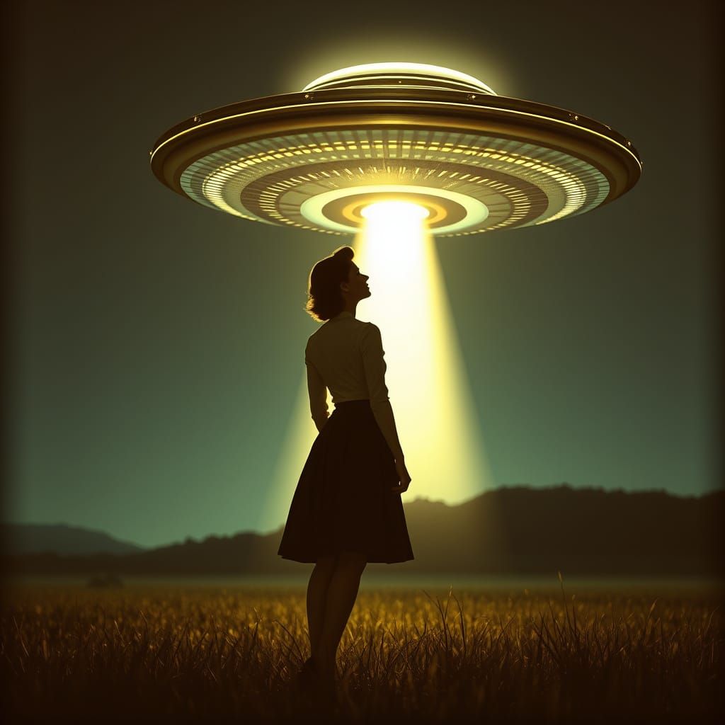 Retrofuturistic Woman Silhouetted by UFO Light Beam