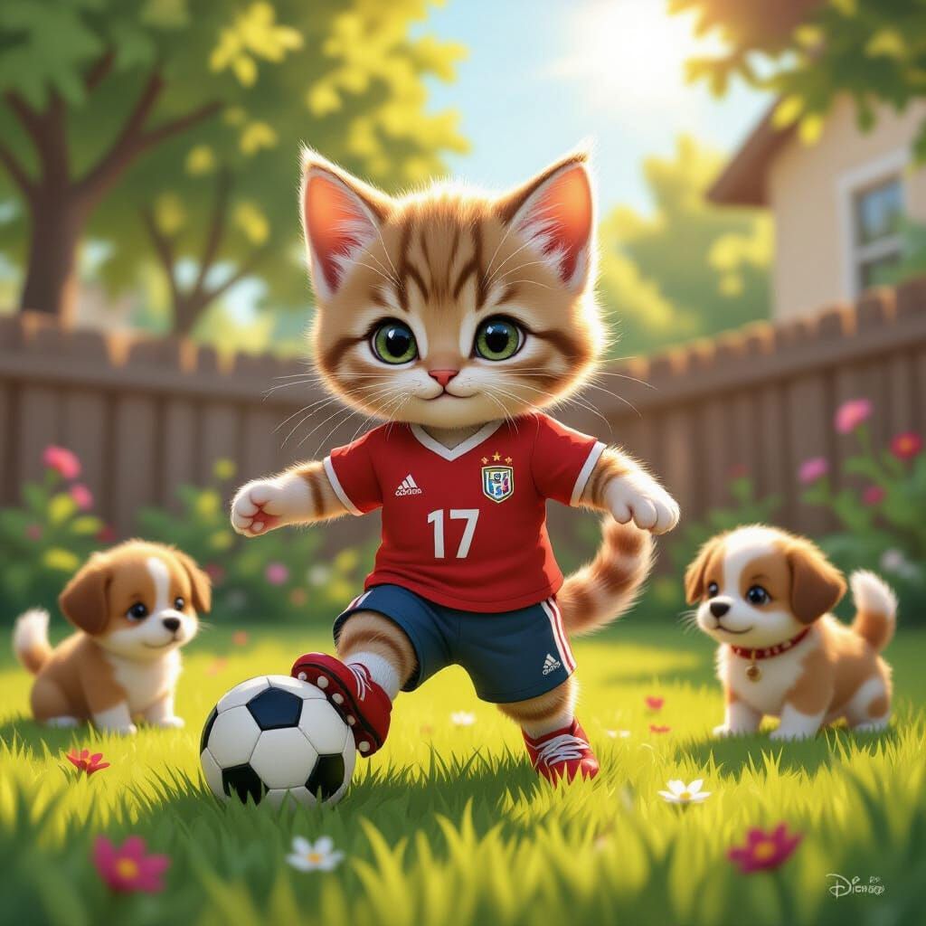 Anthropomorphic Kitten Plays Soccer in Disney Pixar Style