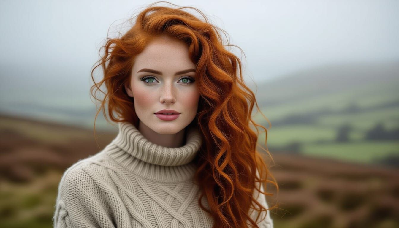 Stunning Irish Woman in Misty Landscape, Hyper-Realistic Sty...