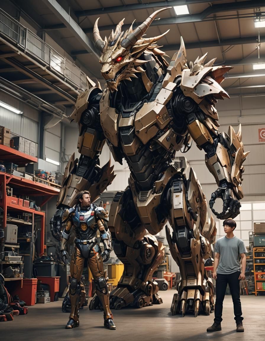 Satyr and Dragon Mecha in Garage