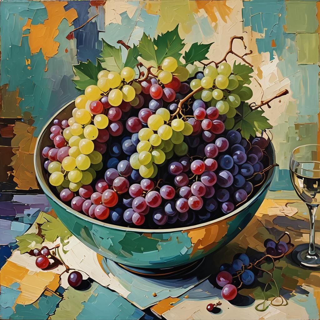 Abstract Grapes in Bowl Art with Fine Details