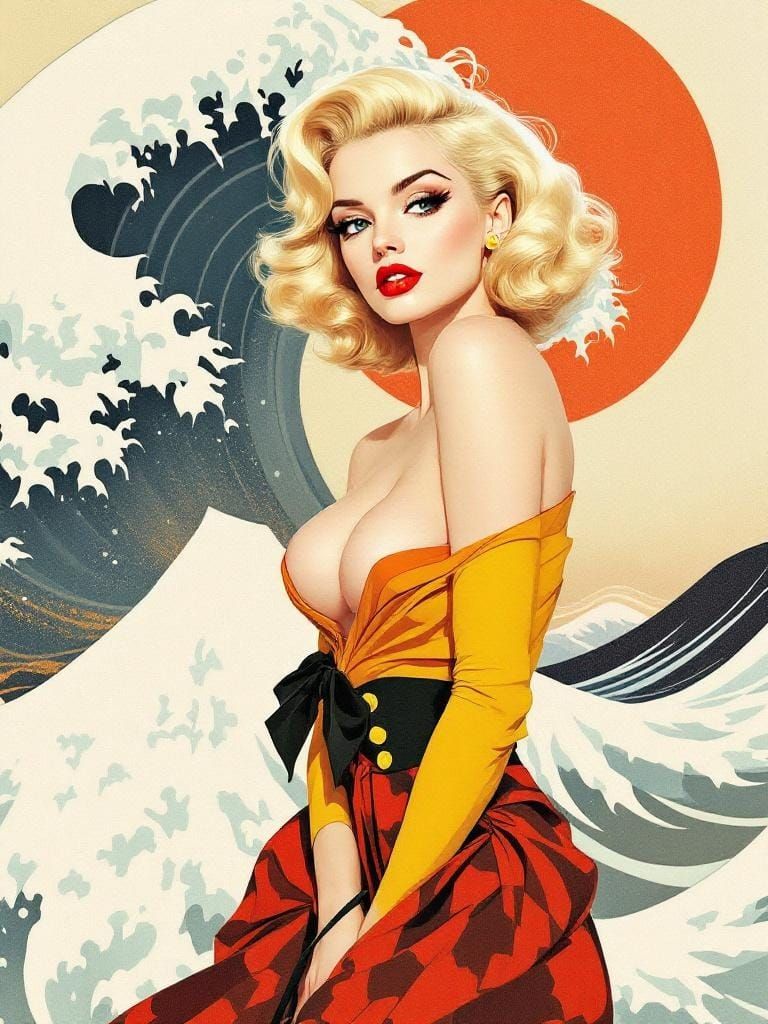 Pin-Up Woman in Nagel and Hokusai Style