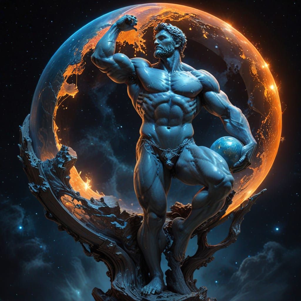 Transparent Atlas Statue Holding a Blue Moon