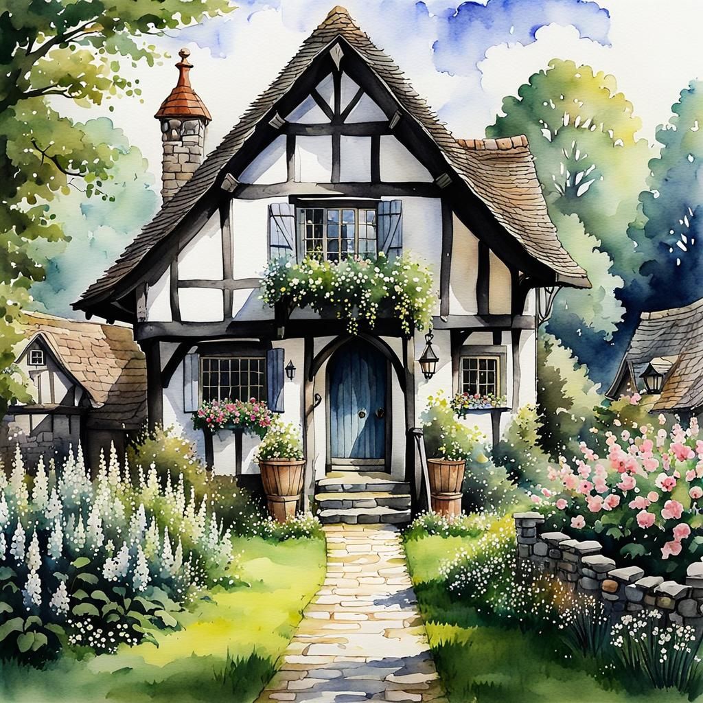 Medieval Cottagecore Scene in Watercolor