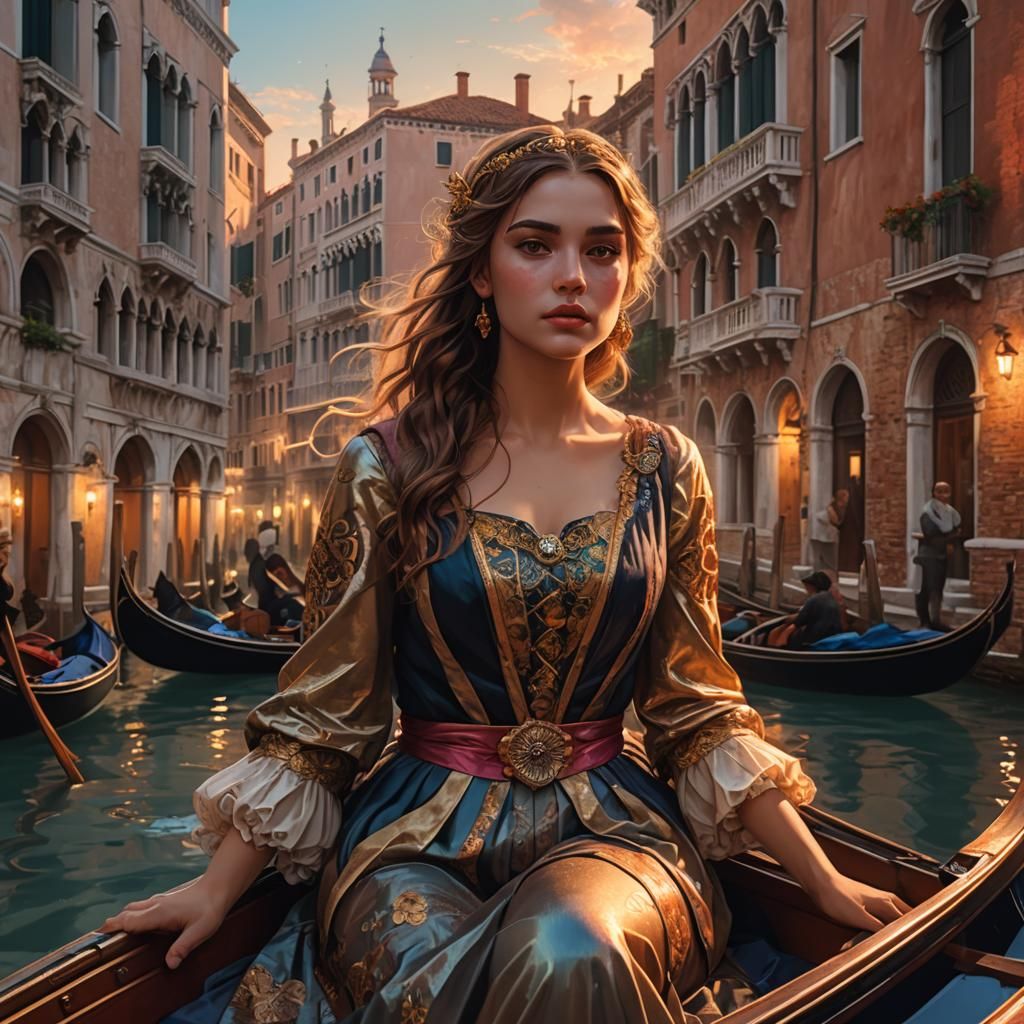 Venice Sunset Gondola Portrait in Digital Art Style