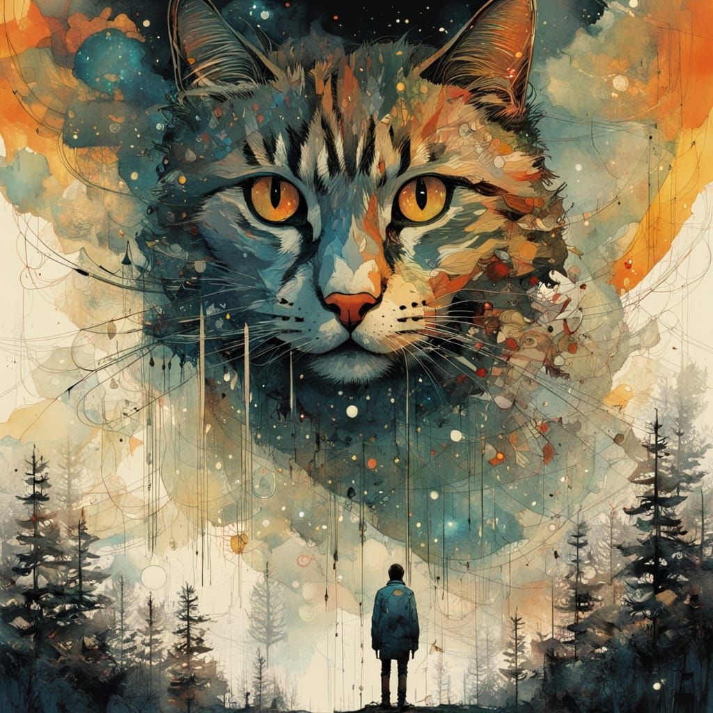 Surreal Galaxy Cat in Cityscape, Dreamlike Fusion of Nature ...