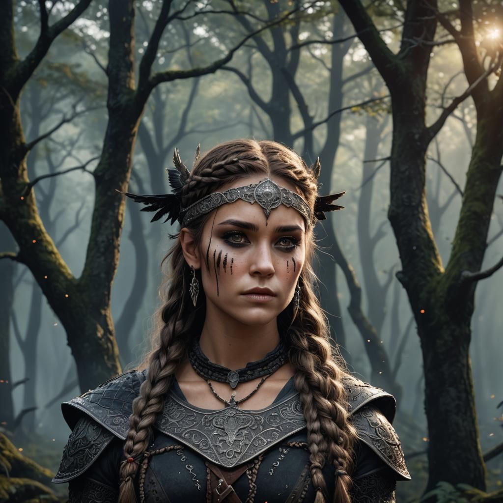 Viking Woman with Raven in Mystical Forest