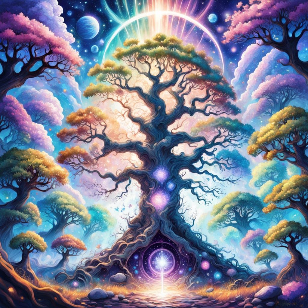 Ancient Oak Reaching for Astral Sky in Cosmic Illustration