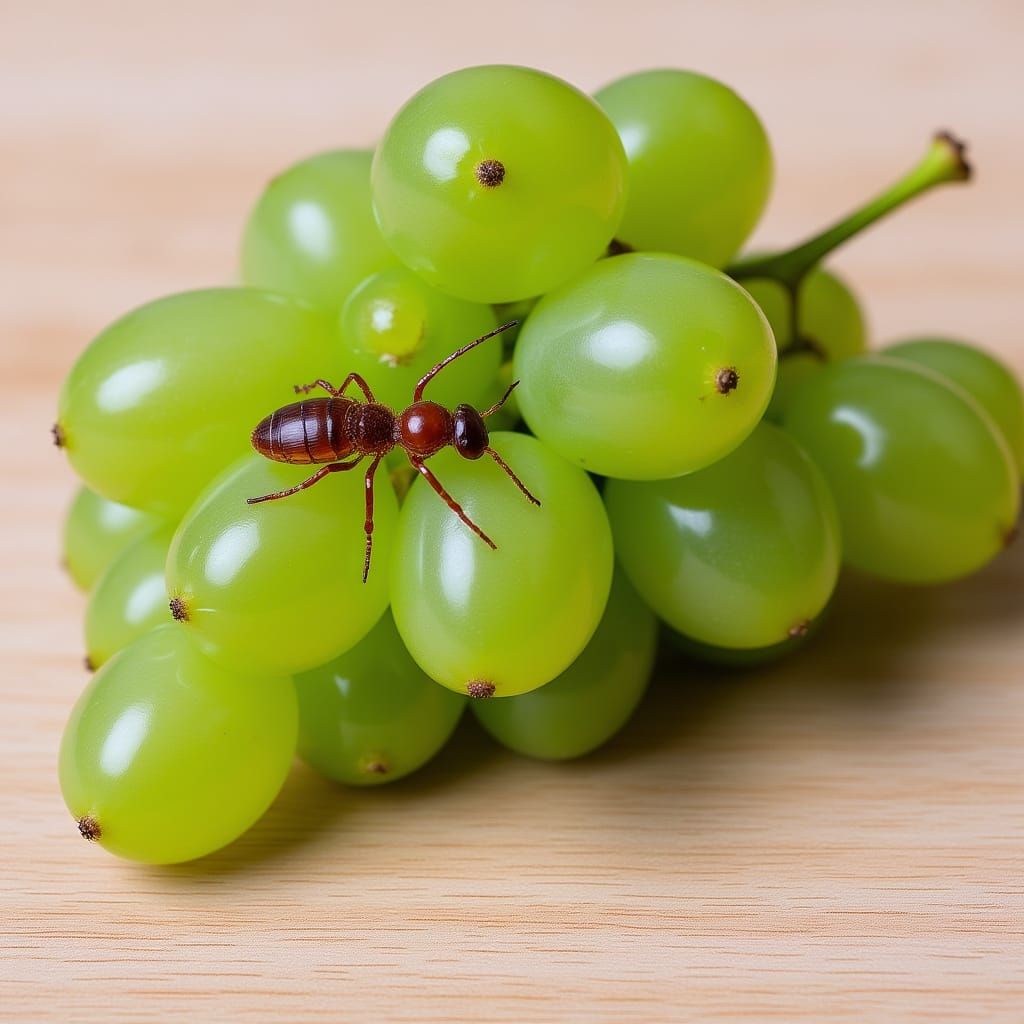 Ant on Green Grape at Picnic