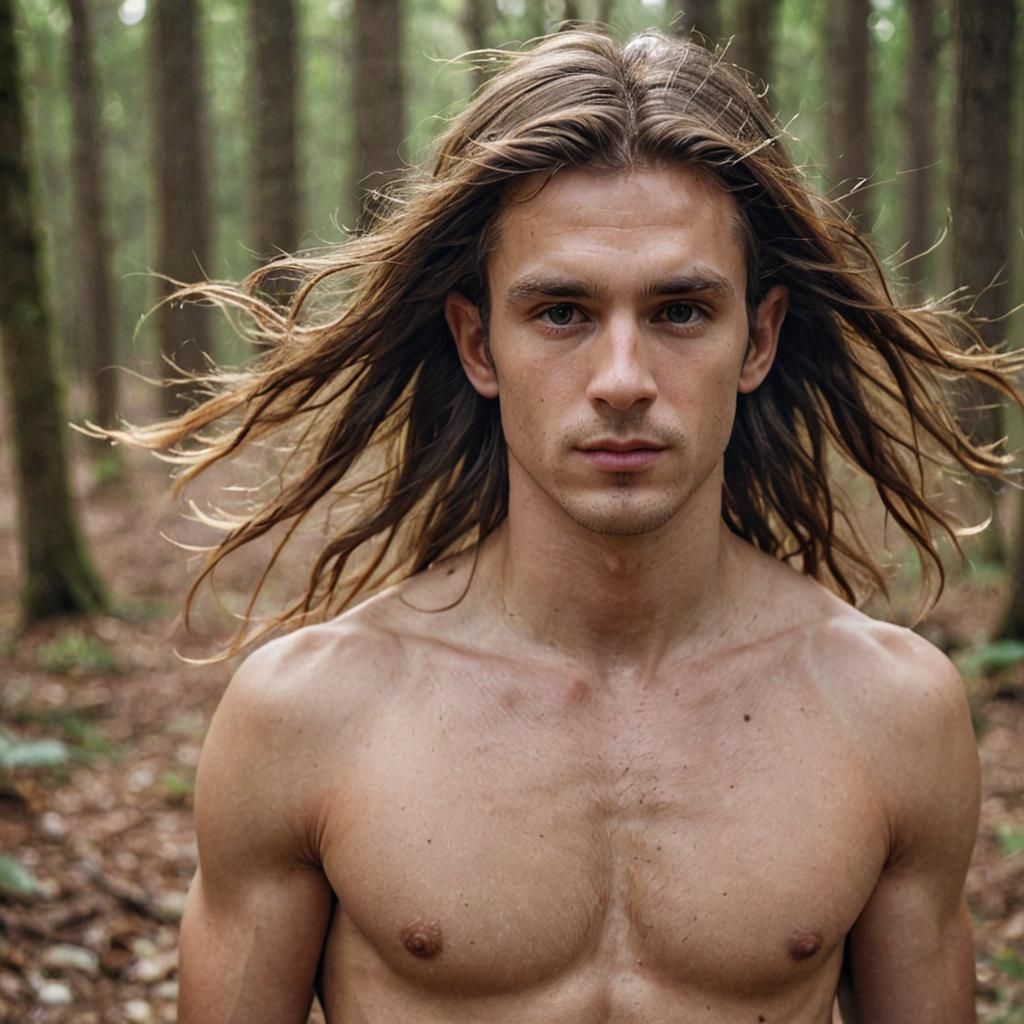 A male model, shirtless, with elf ear, blinde, in the forest...