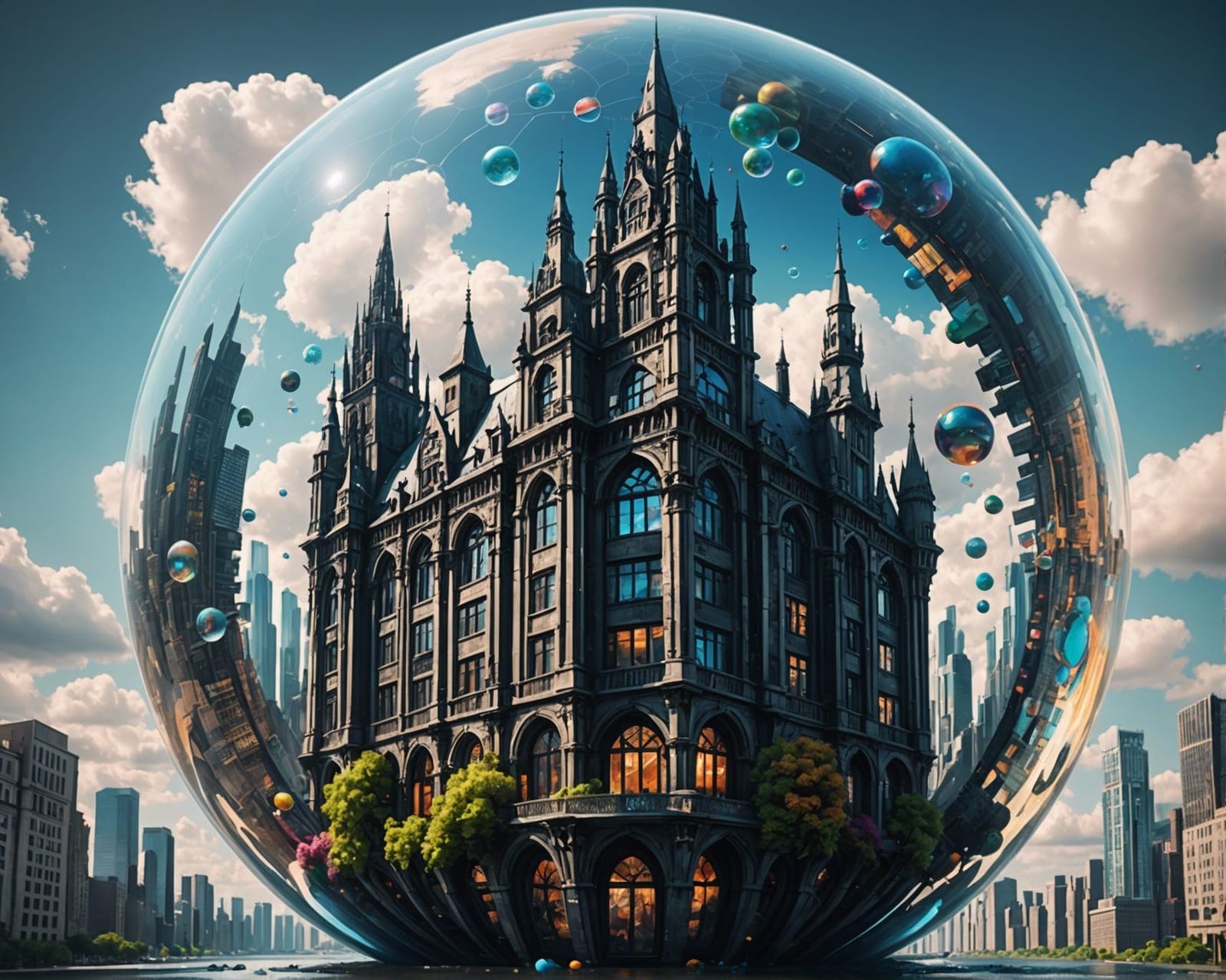 Gothic Skyscraper in a Bubble: Maximalist Solarpunk Art