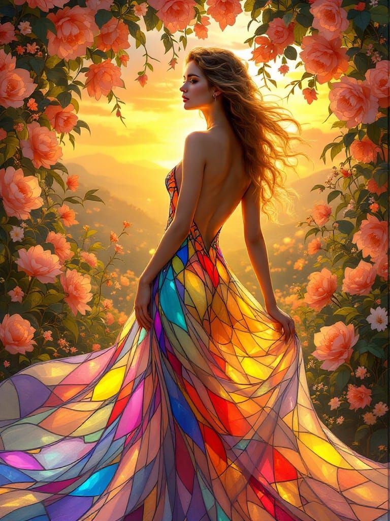 Ethereal Stained-Glass Portrait in Art Nouveau Style