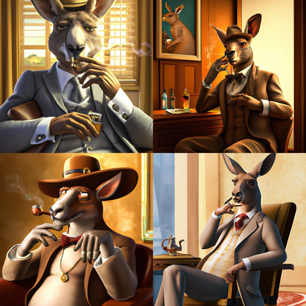 kangaroo dressed in 1940s zoot suit smoking a cigar in hotel room 8k resolution hyper detailed