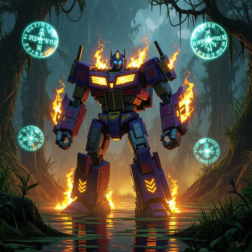 Ancient Robot in Golden Flames and Magic Swamp