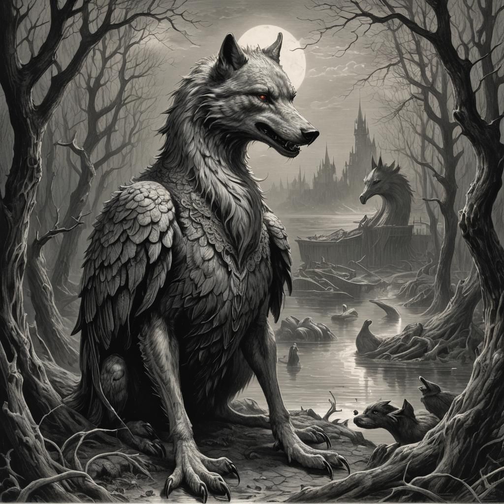 Gothic Horror Wolf-Swan Hybrid Stares Intently