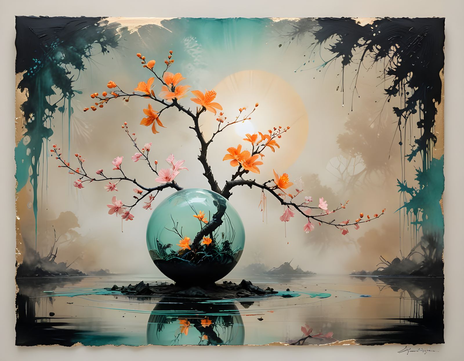 Bioluminescent Ikebana in Sumi-e Style