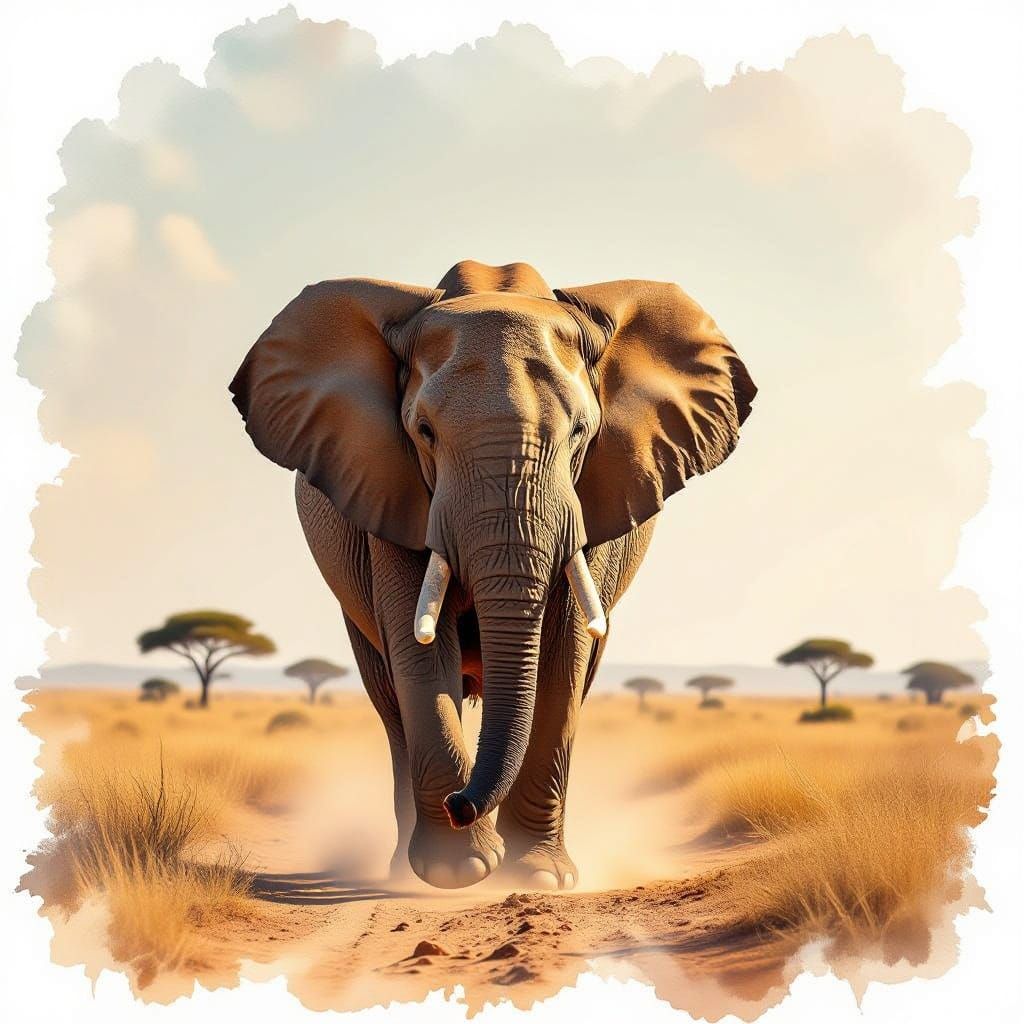 Elephant in Ethereal Savanna Landscape, Fine-Tuned Watercolo...