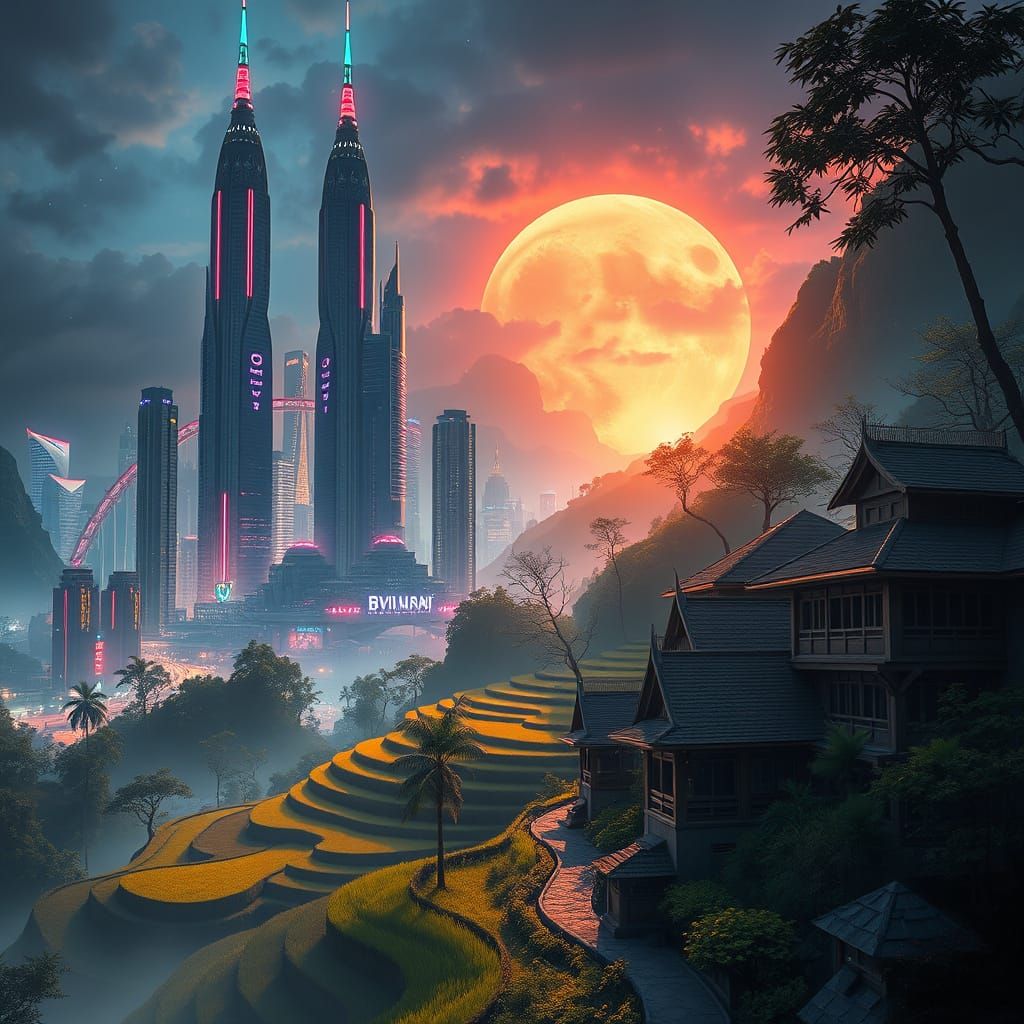 Cyberpunk City Meets Thai Village: A Striking Juxtaposition