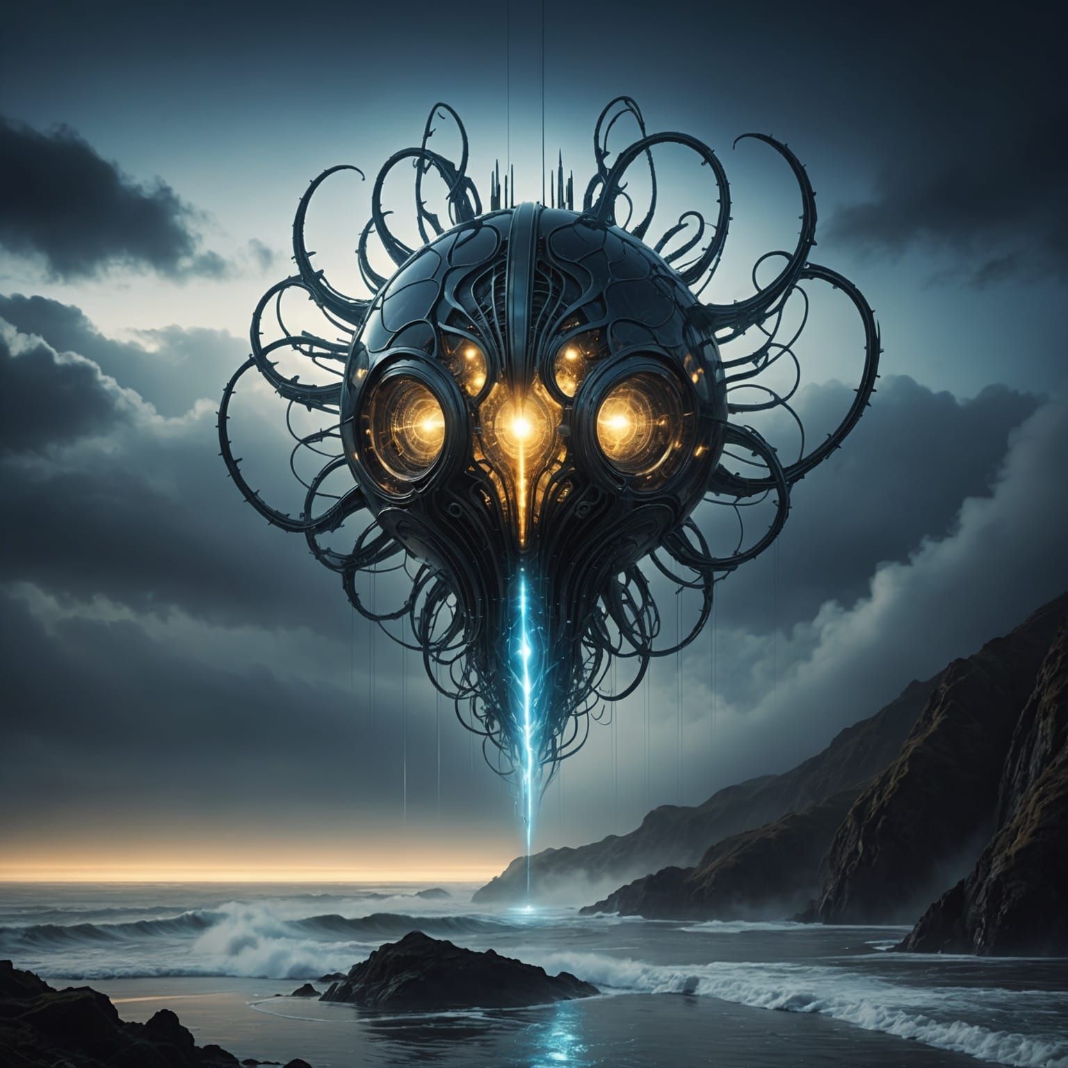 Glowing Letter A in Dark Sci-Fi Landscape