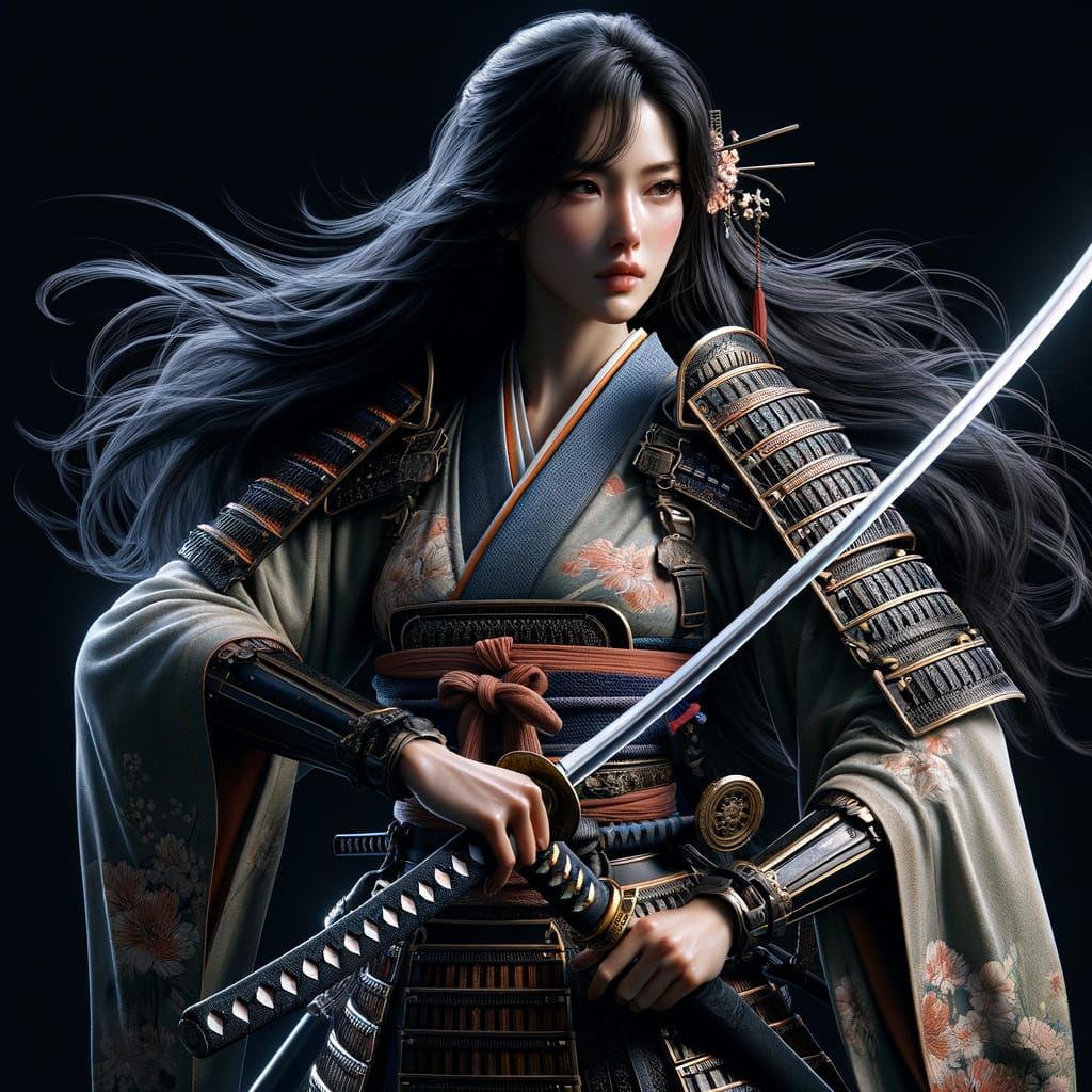 Regal Samurai Princess in Elegant Armor, Holding a Katana