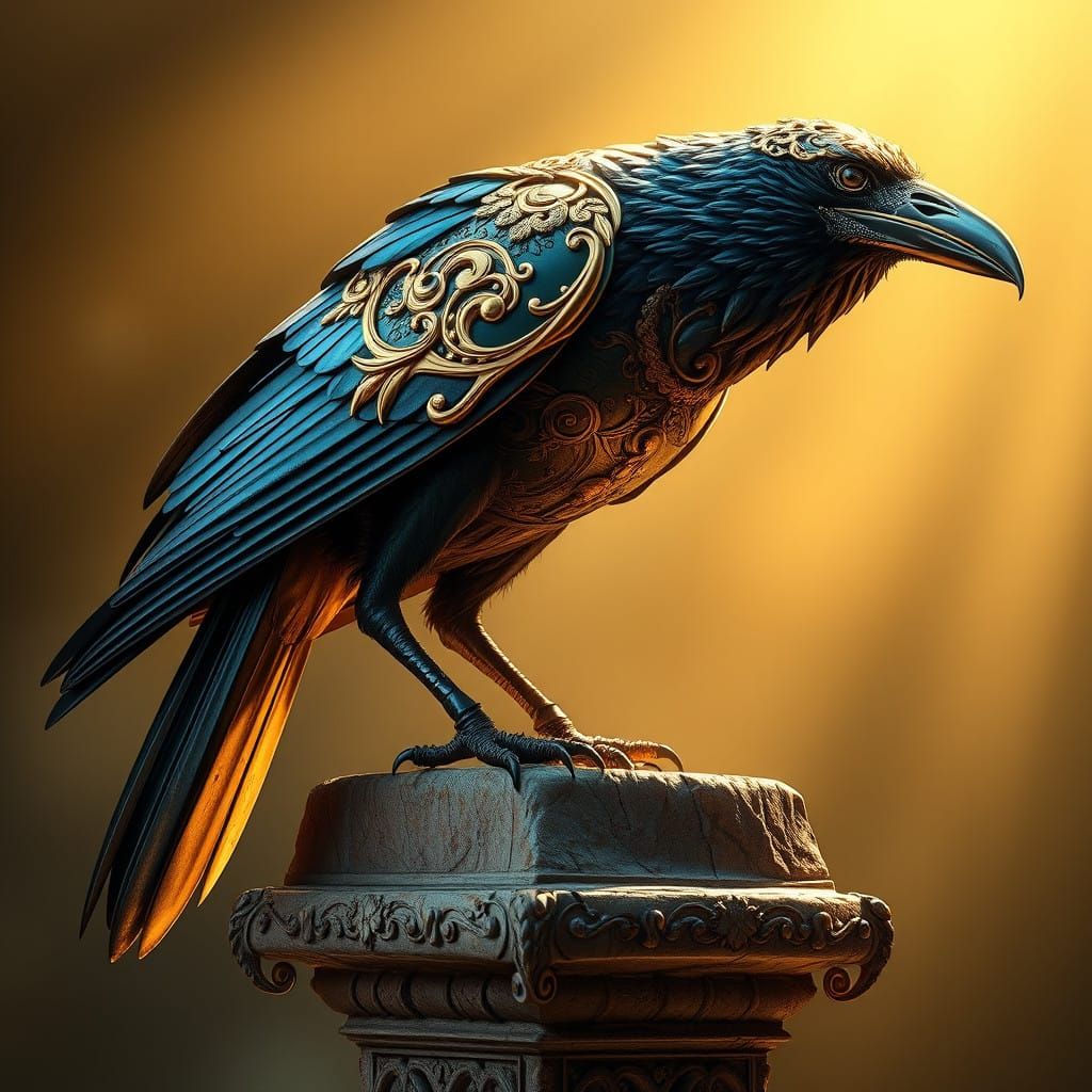 Majestic Golden Armored Crow in Baroque-Inspired Glory