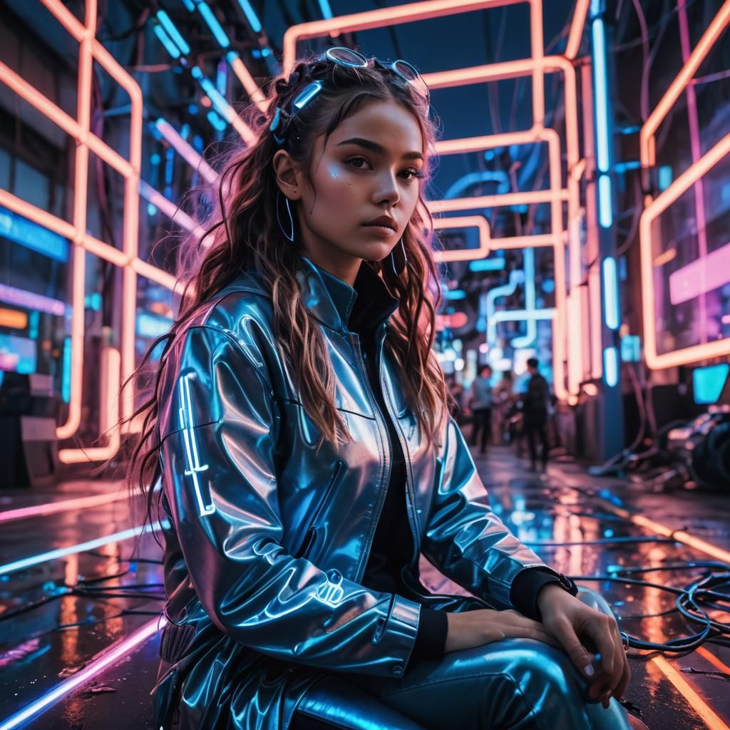 Futuristic Influencer in Neon-Lit Cyberpunk Portrait