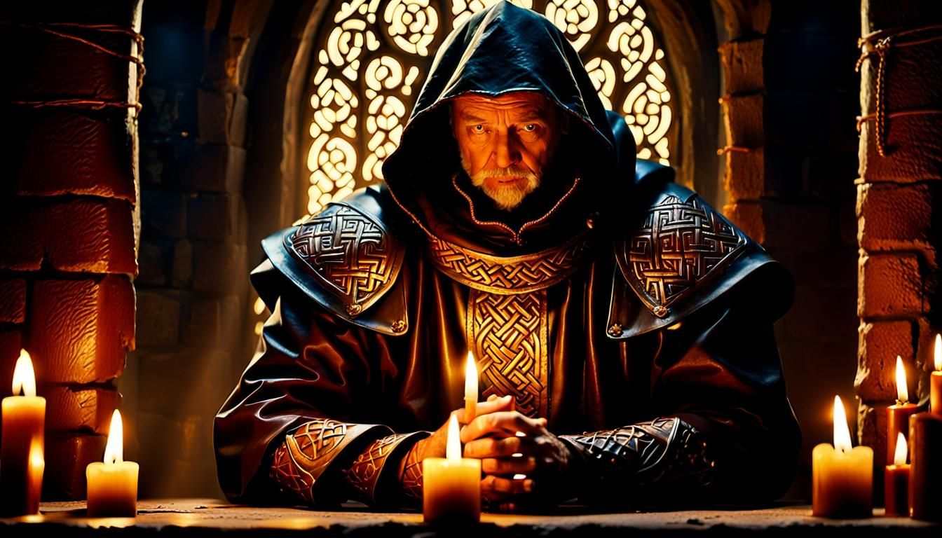 Warrior Monk Praying in Candlelit Chamber