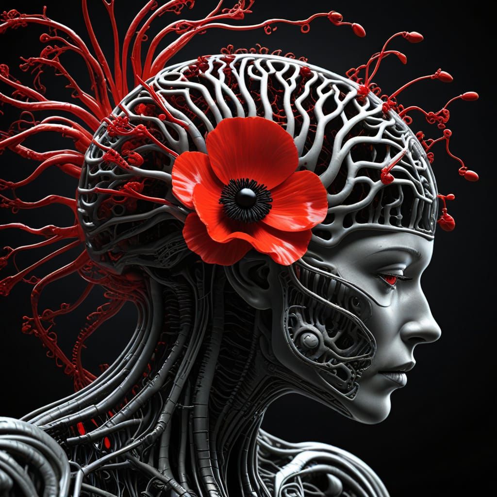 Red Poppy in Brain: Surreal Biomechanical Digital Art