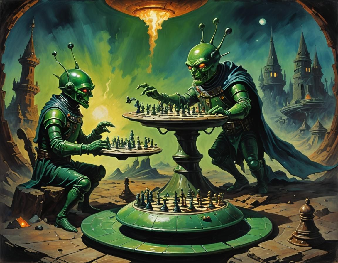 Two Little green men, playing four dimensional chess