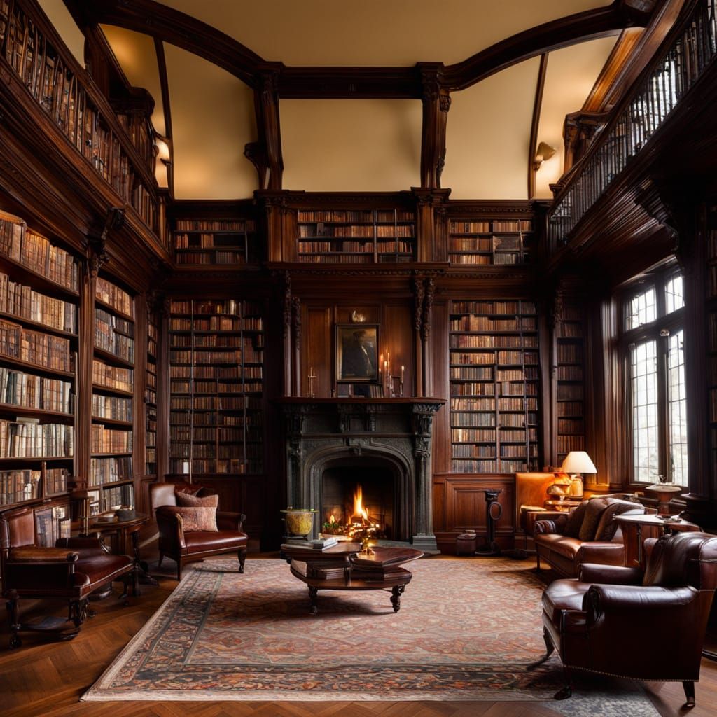 Mansion Library by Fireplace, Hyperrealistic