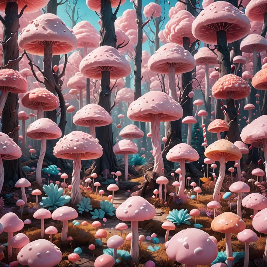Sugary Forest with Jelly Mushrooms in Candy Art Style