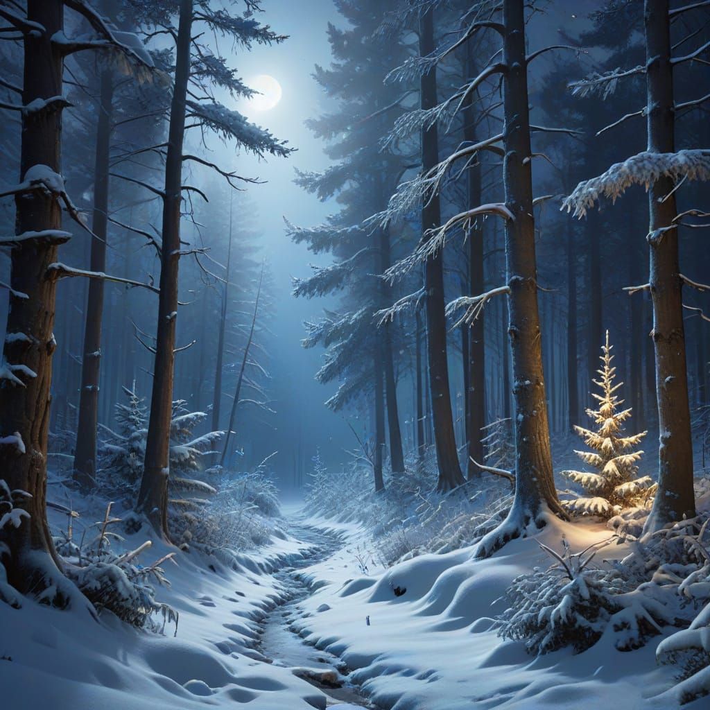 Enchanted Winter Forest Under Deep Blue Moonlight