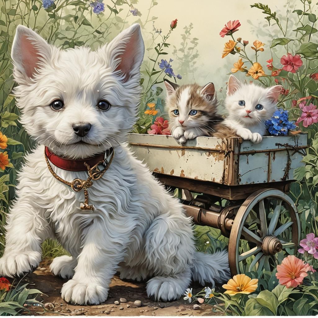 Puppy Pulls Kitten in Wagon: Whimsical Alcohol Ink Art