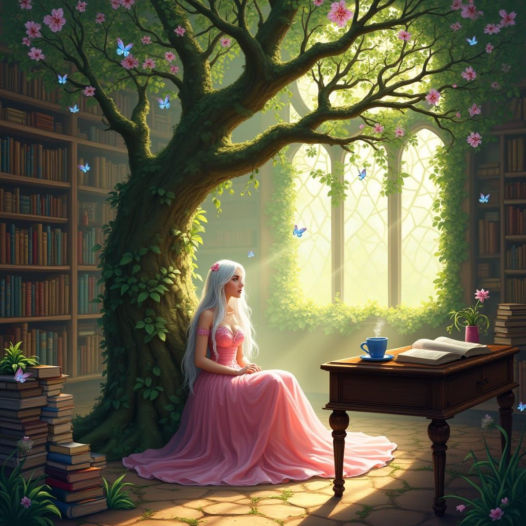 Enchanted Library Sanctuary with Blooming Tree and Whimsical...