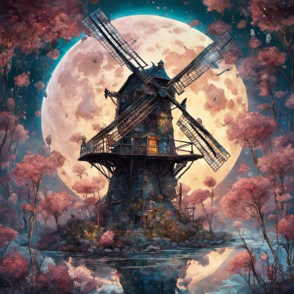 Crystal Windmill Scattering Flowers Under Moonlight