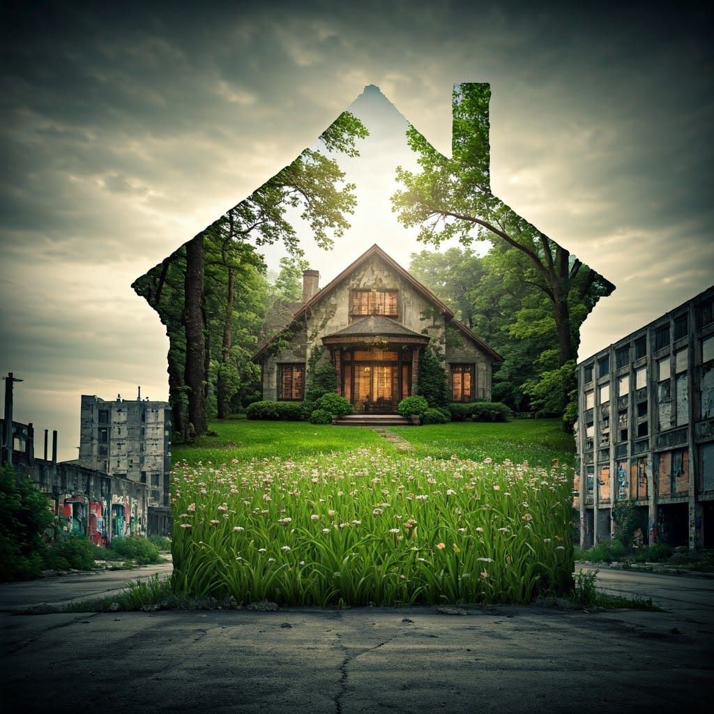 Dystopian Cityscape Merged with Dream House, Double Exposure