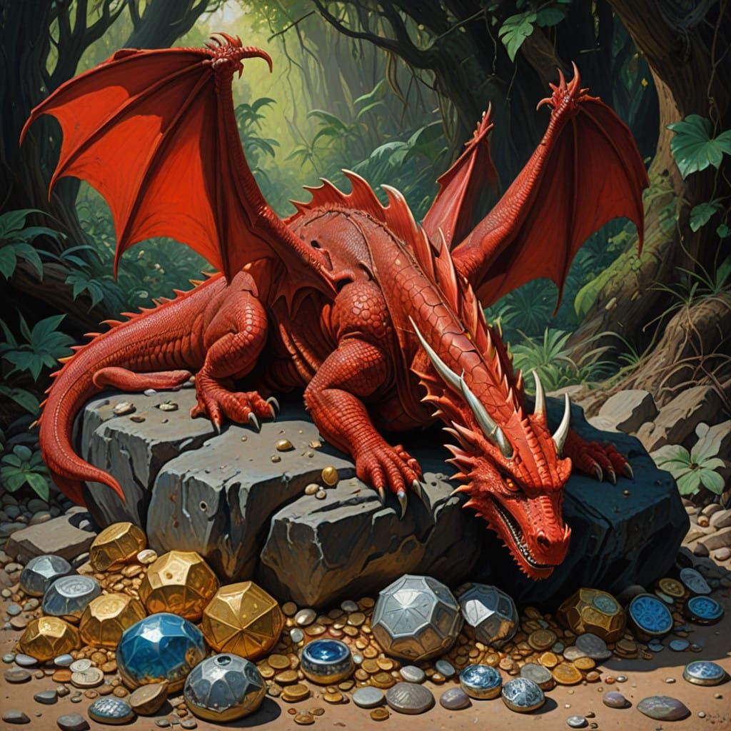 Epic Red Dragon Guarding Treasure in Oil Painting Style