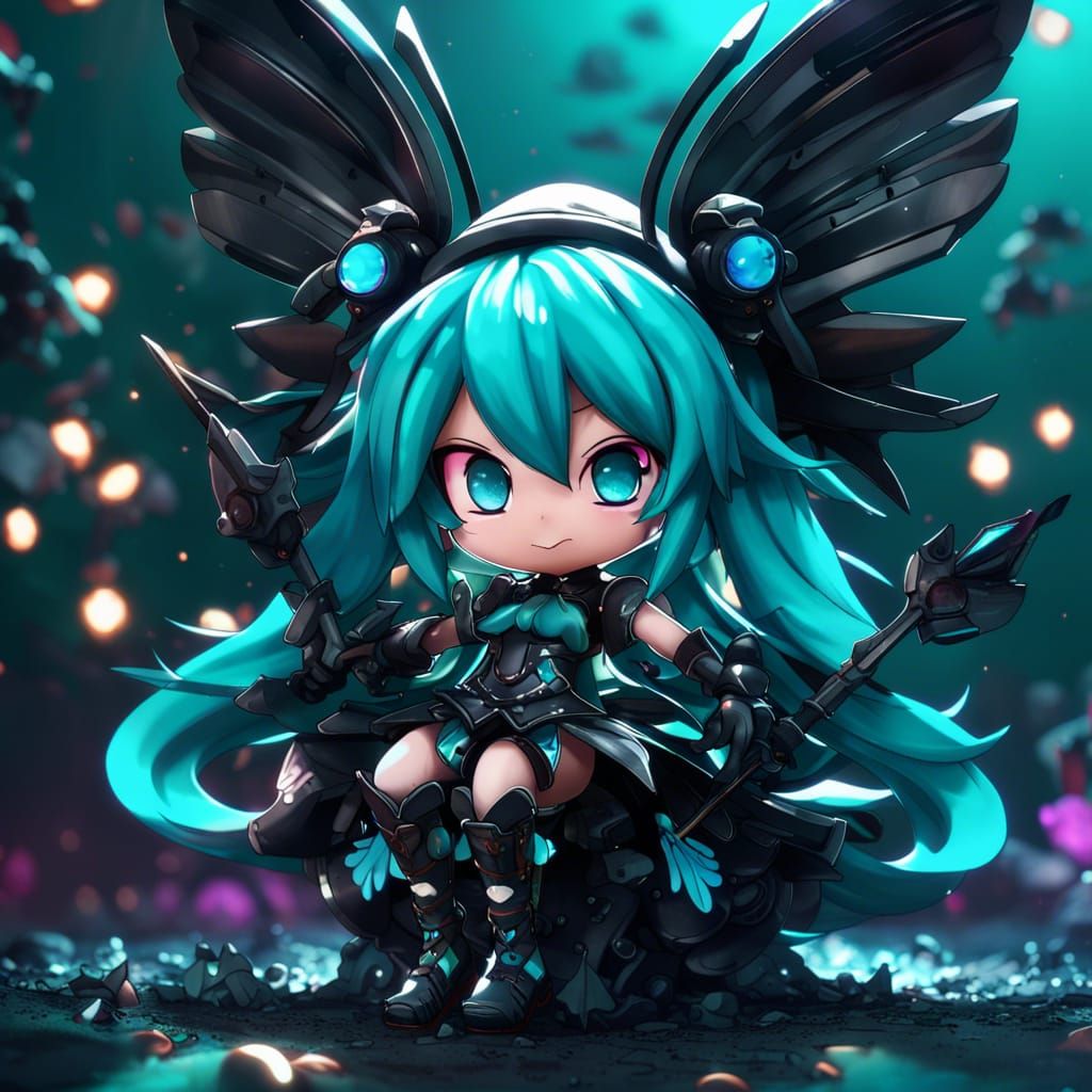 Chibi Black Fairy Hatsune Miku in Detailed Matte Painting