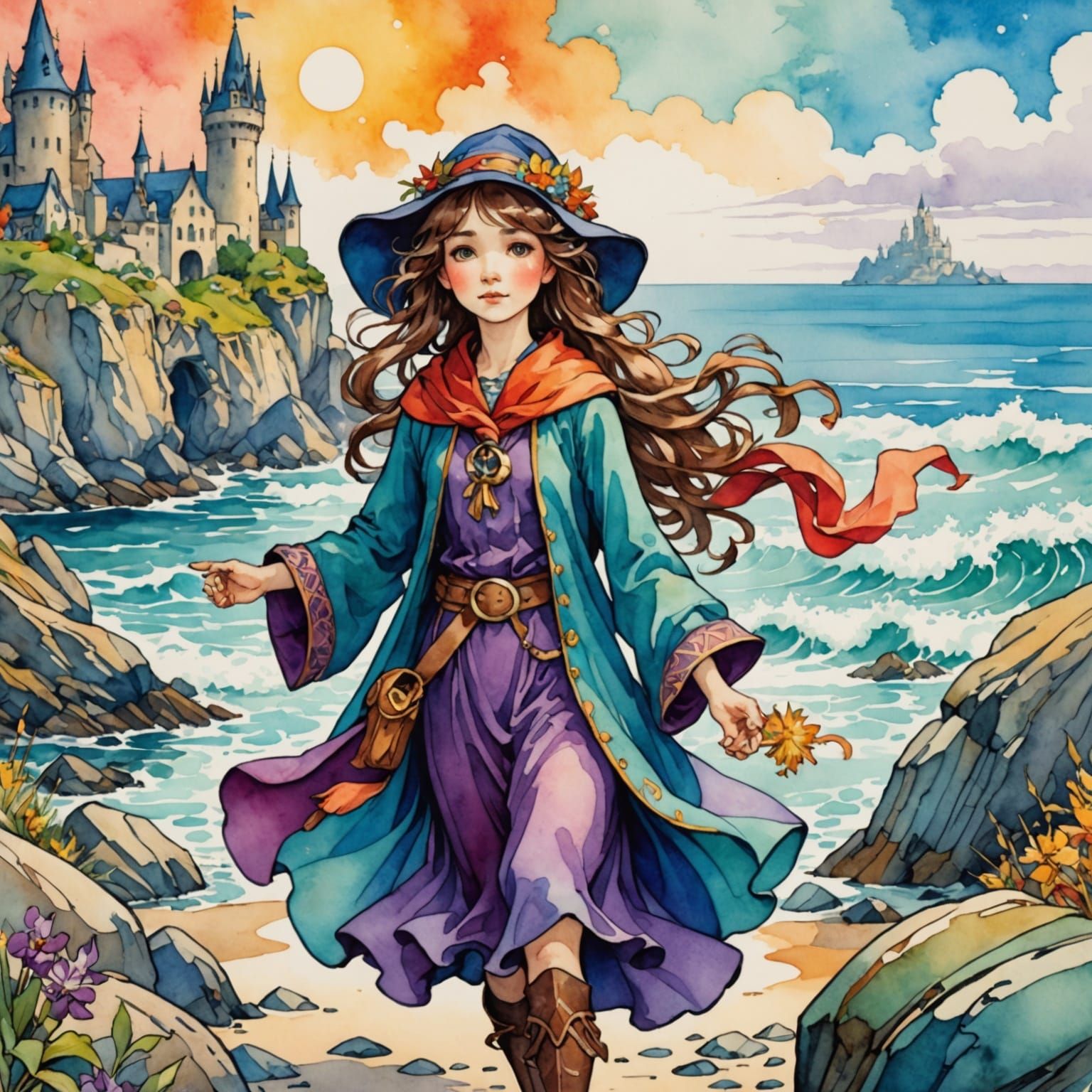 Cheerful Girl Wizard on Rocky Seashore in Watercolor