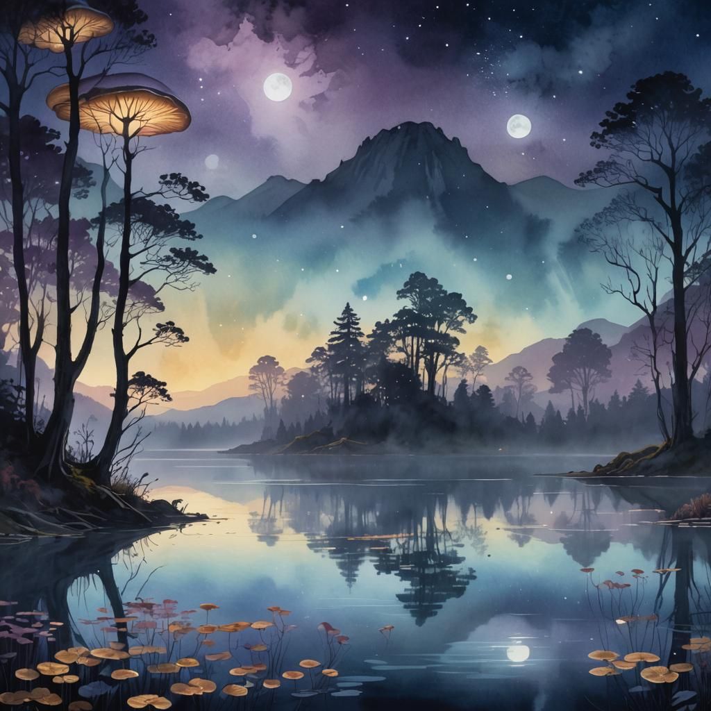 Moonlit Lake with Ethereal Mushrooms, Watercolour Art