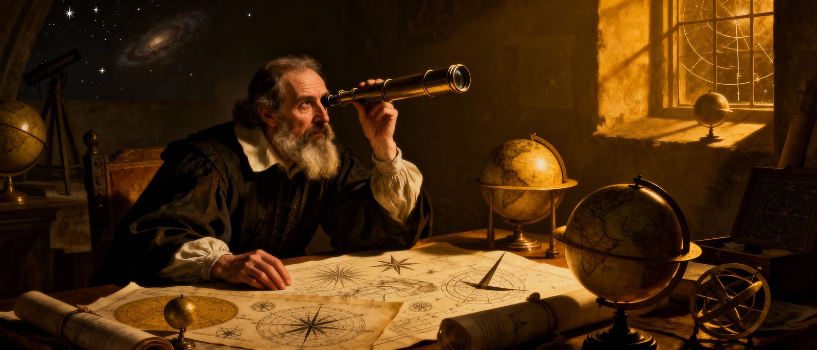 Galileo Gazing at Stars in Chiaroscuro Observatory