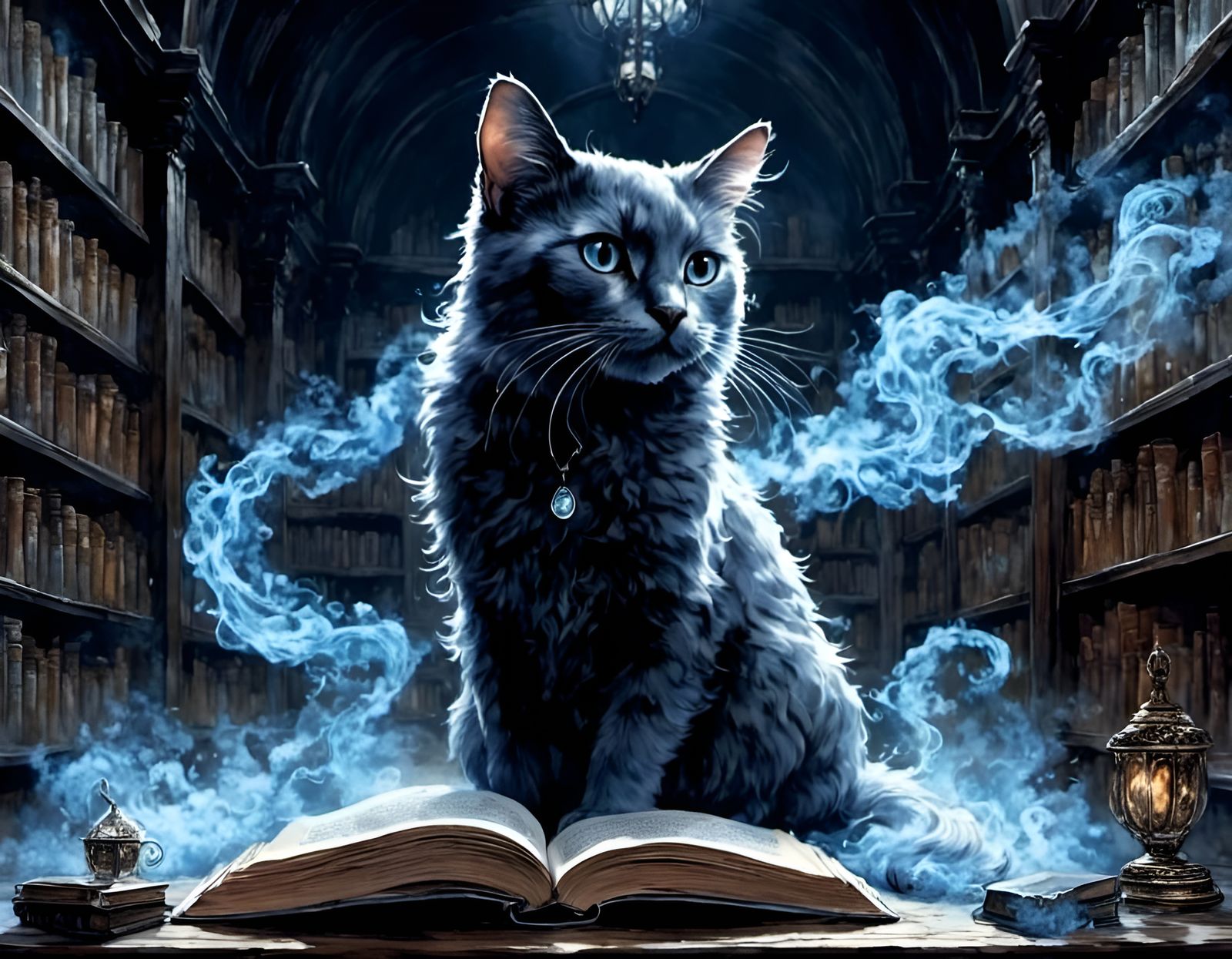 Ethereal Cat Patronus in Library, Digital Art