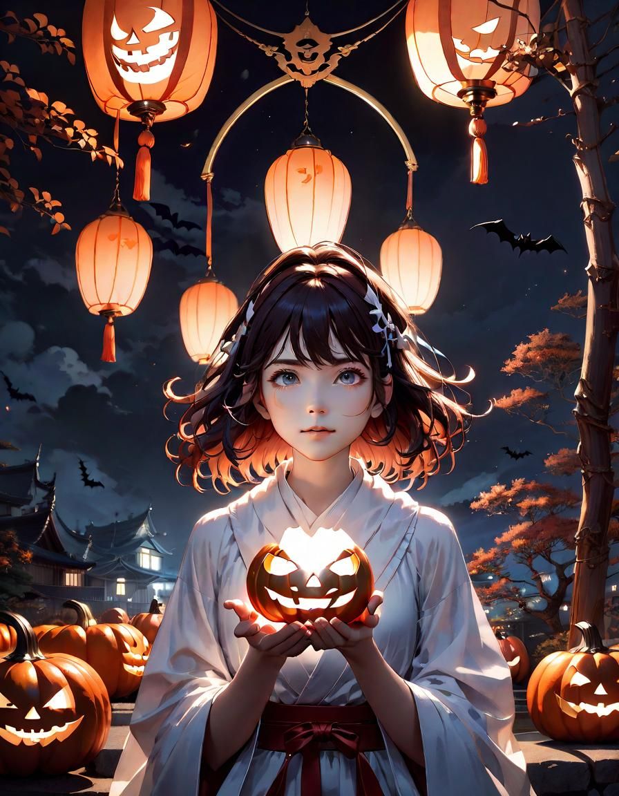 Anime Girl with Pumpkin: Halloween Fantasy Art