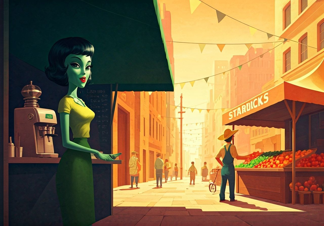 Retro-Futuristic Alien Street Market in Vargas Style