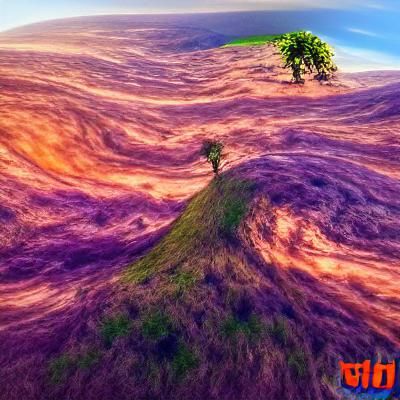 Stylized Tree on Hill with Swirling Sky