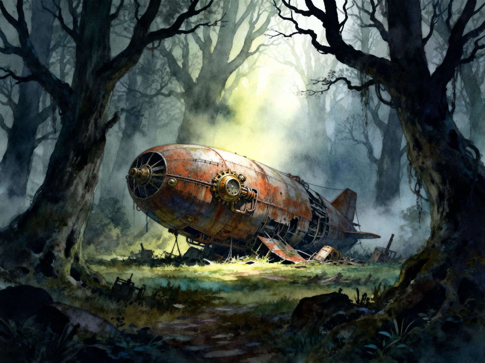 Dieselpunk Dirigible Wreckage in Misty Forest Clearing